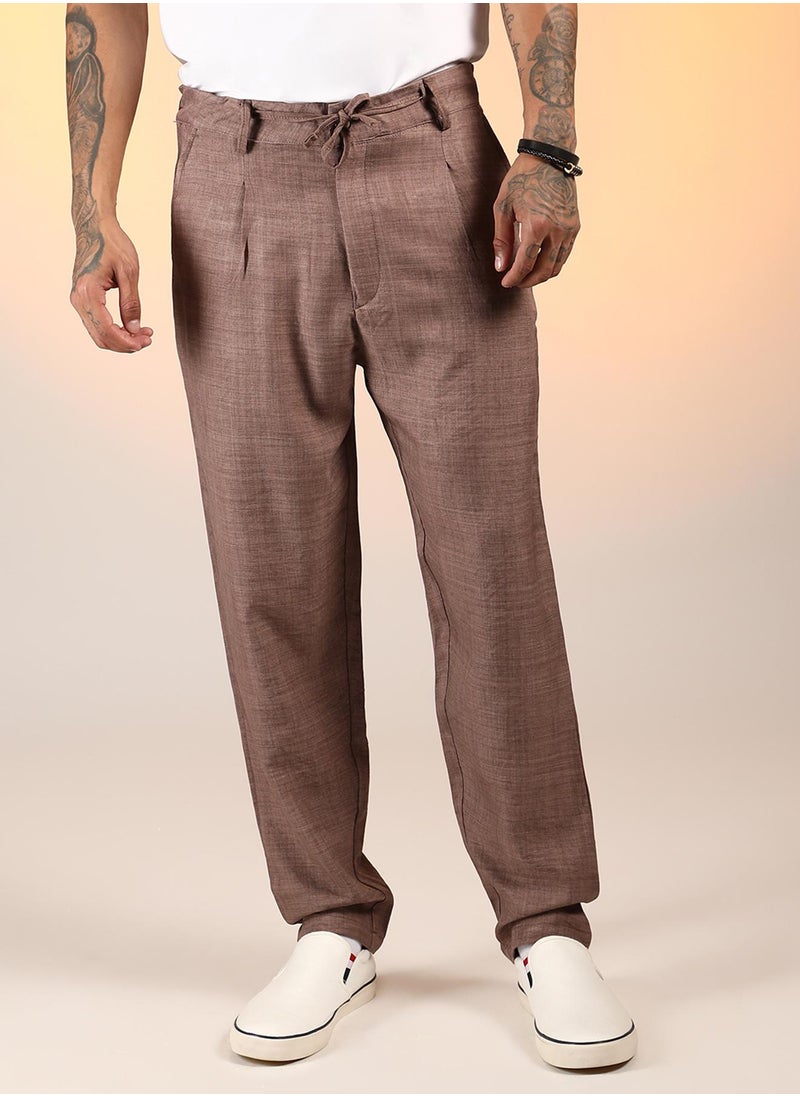 Men's Ash Brown Solid Pleated Trousers
