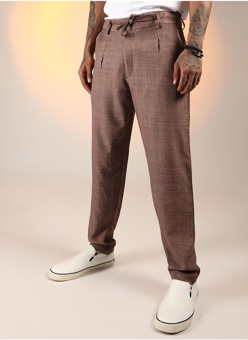 Men's Ash Brown Solid Pleated Trousers