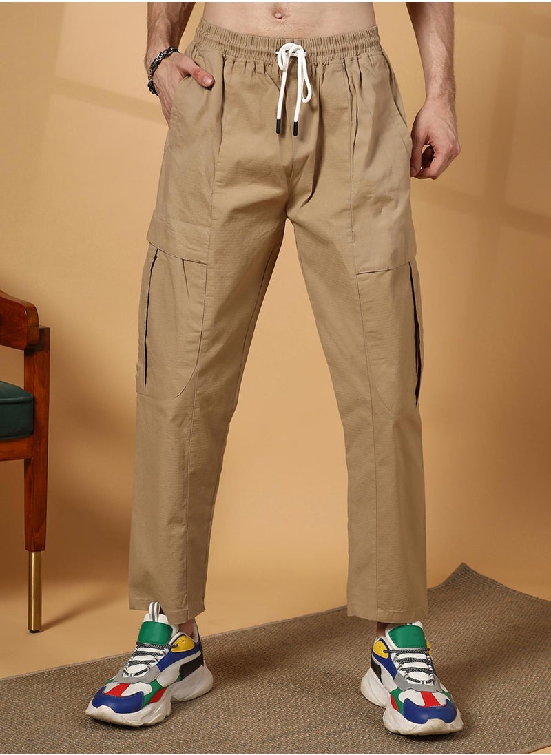 Men's Khaki Brown Solid Utility Trousers
