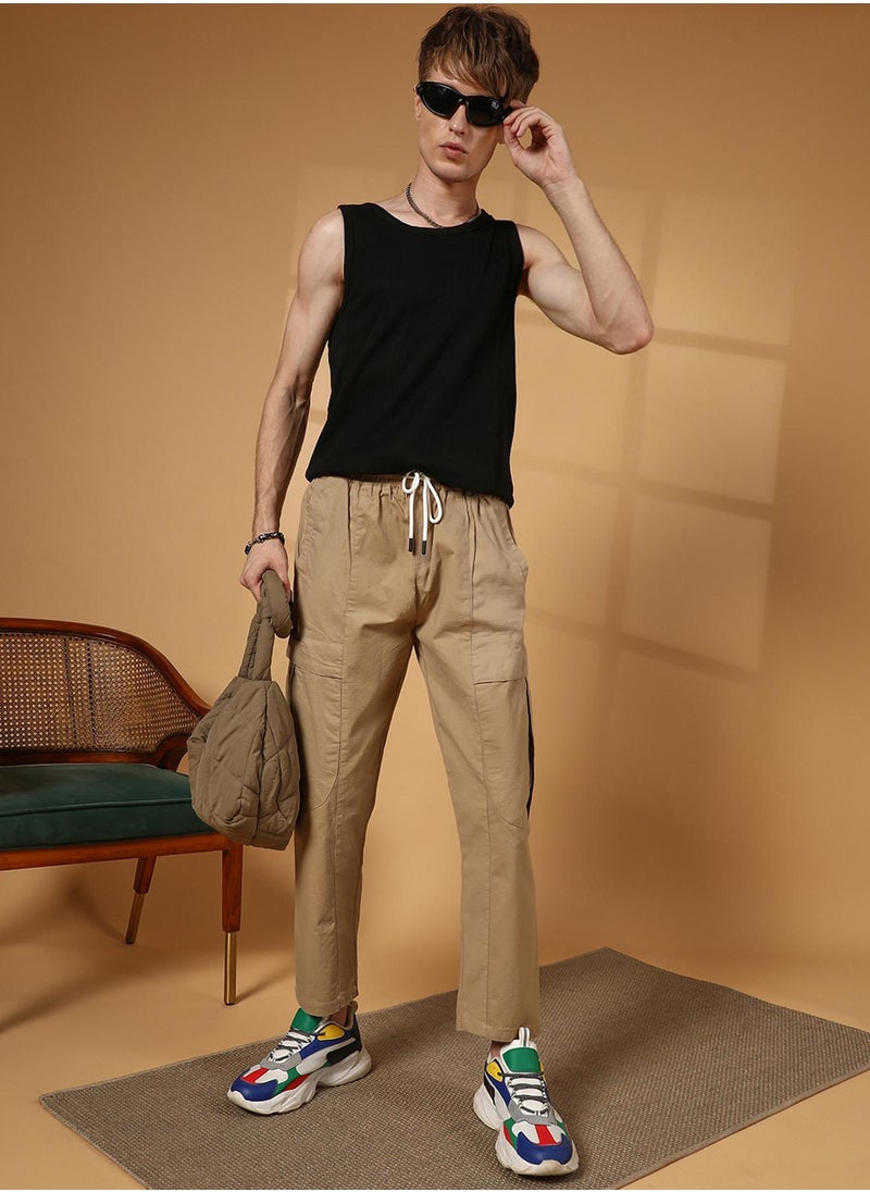 Men's Khaki Brown Solid Utility Trousers