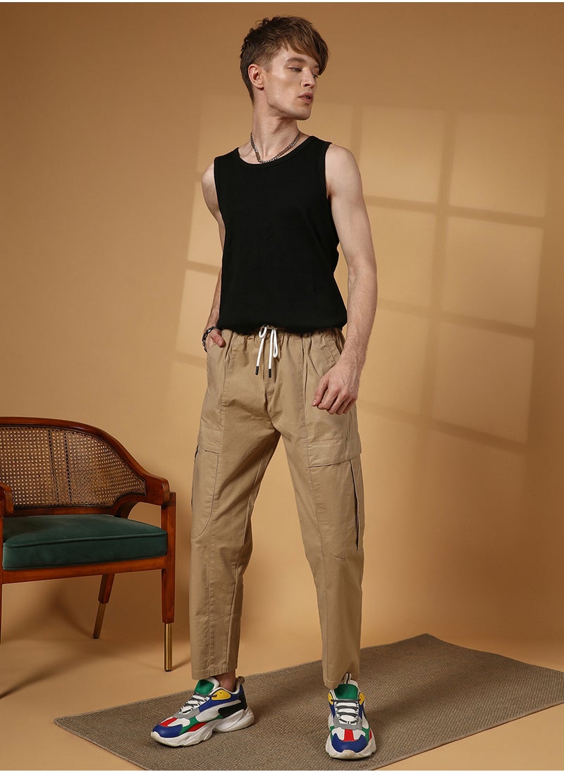 Men's Khaki Brown Solid Utility Trousers