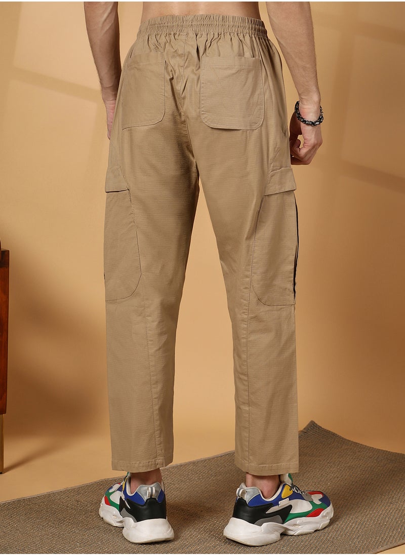 Men's Khaki Brown Solid Utility Trousers