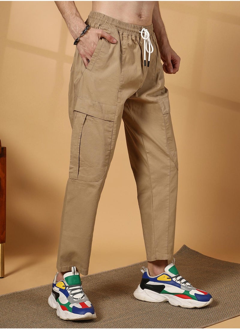 Men's Khaki Brown Solid Utility Trousers