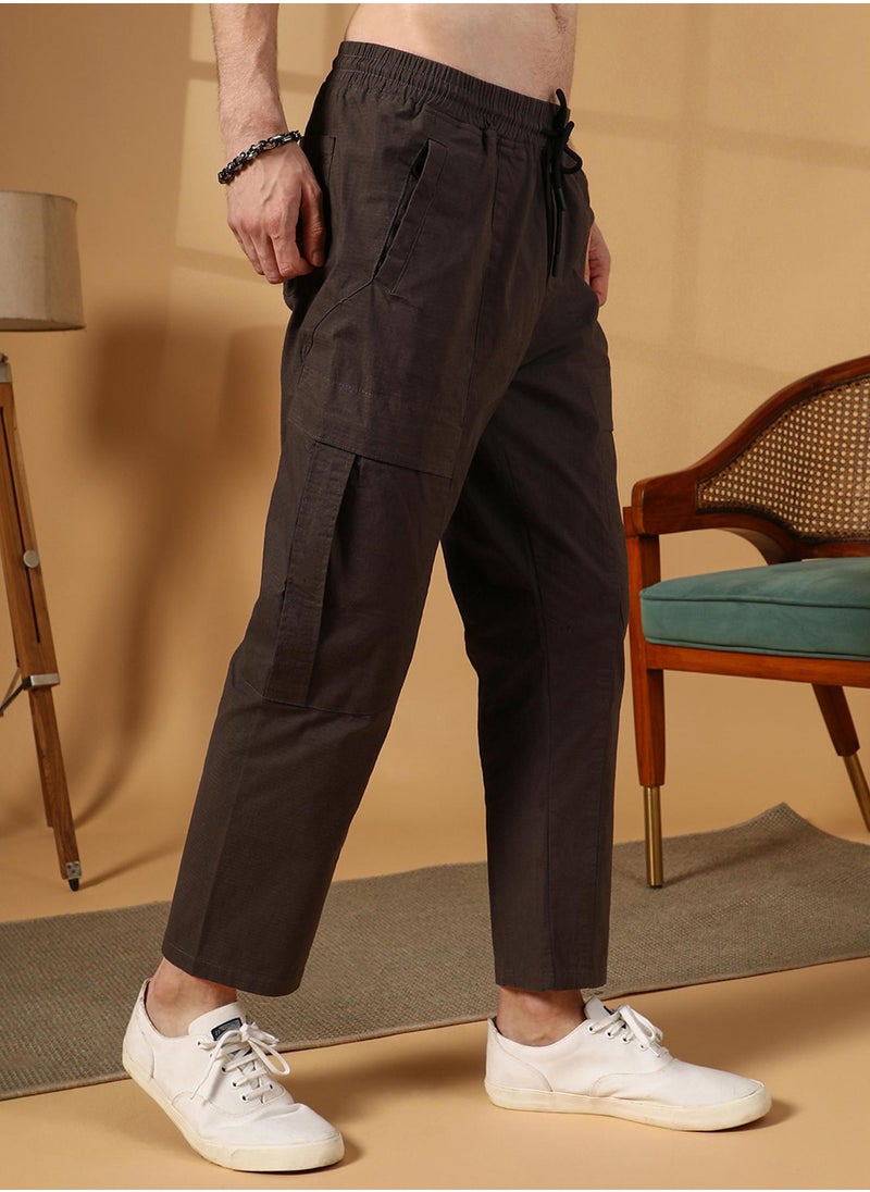 Men's Umber Brown Solid Utility Trousers