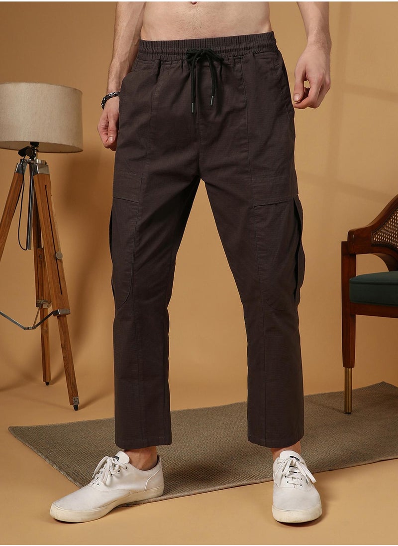 Men's Umber Brown Solid Utility Trousers