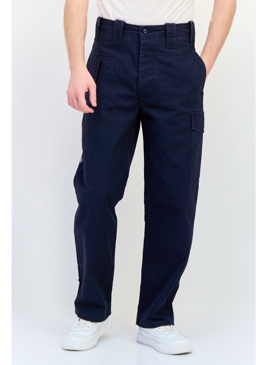 Men Loose Fit Solid Cargo Pants, Dark Navy