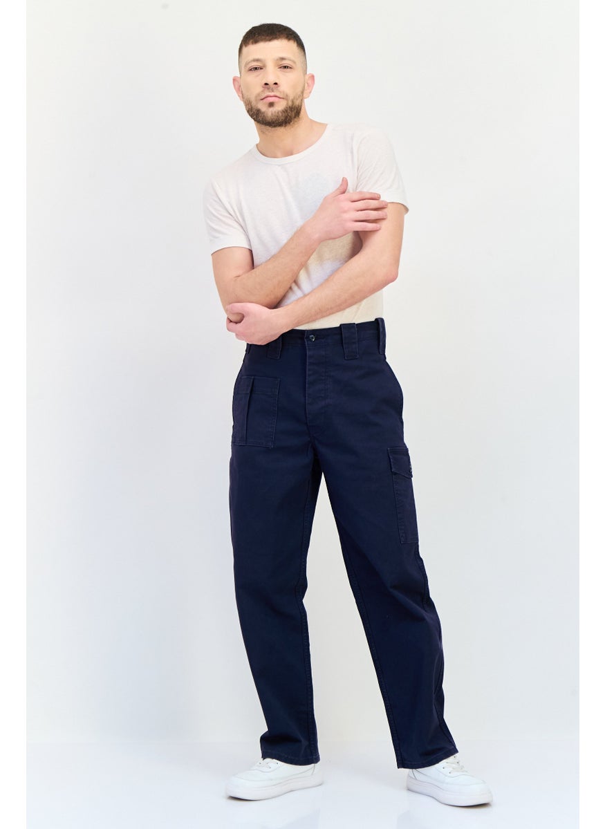 Men Loose Fit Solid Cargo Pants, Dark Navy