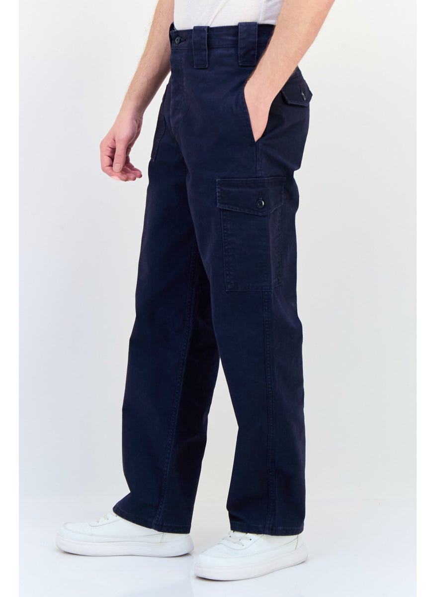 Men Loose Fit Solid Cargo Pants, Dark Navy