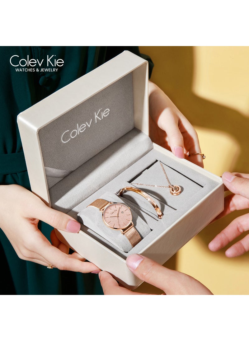 ColevKie Watch Women Waterproof High-value Quartz Ladies Watch Female High-end Guangzhou Wristwatch Dropshipping 8037 champagne gold [gift box set + leather strap + bracelet + projection necklace]