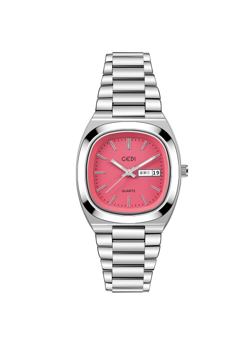 Gedi Elegant Dual-Calendar Womens Quartz Watch orange-red plate with silver shell