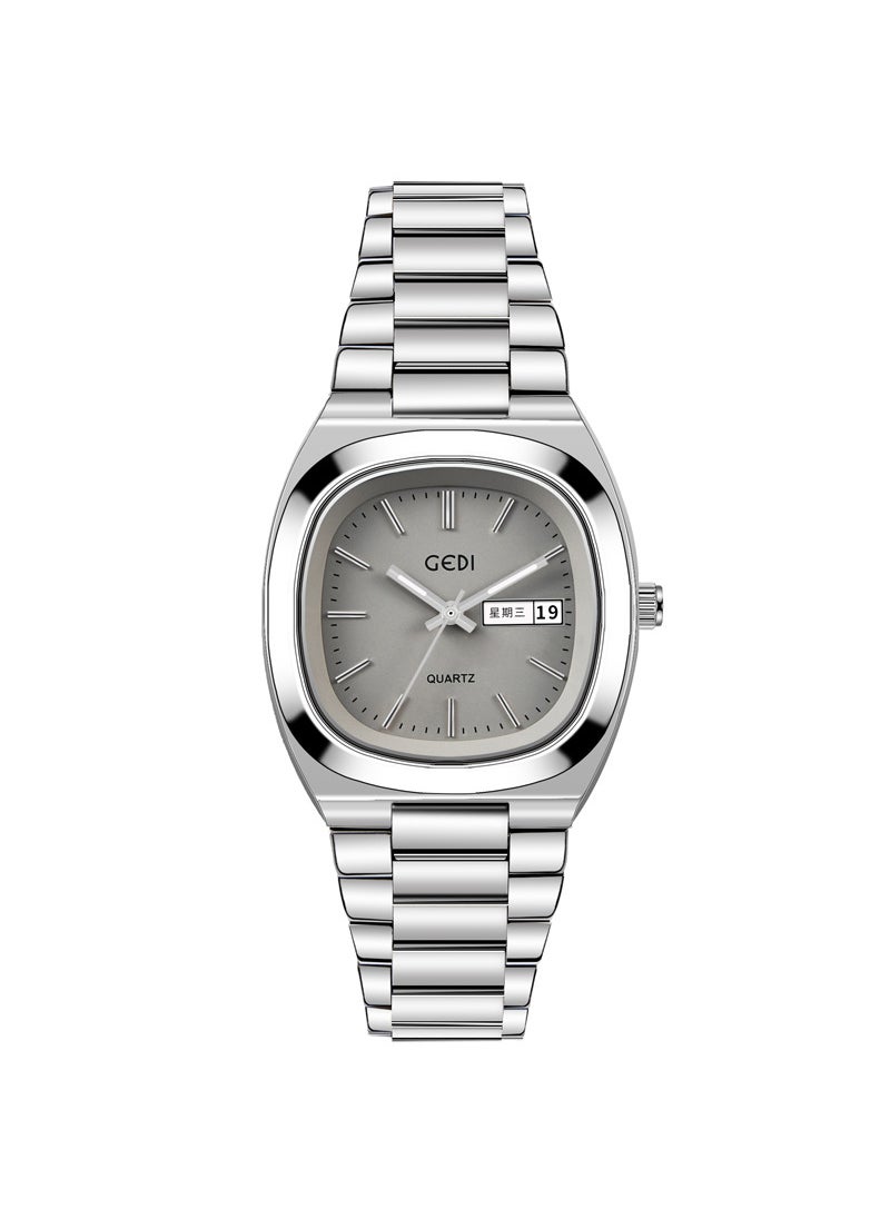 Gedi Elegant Dual-Calendar Womens Quartz Watch Silver shell ash plate