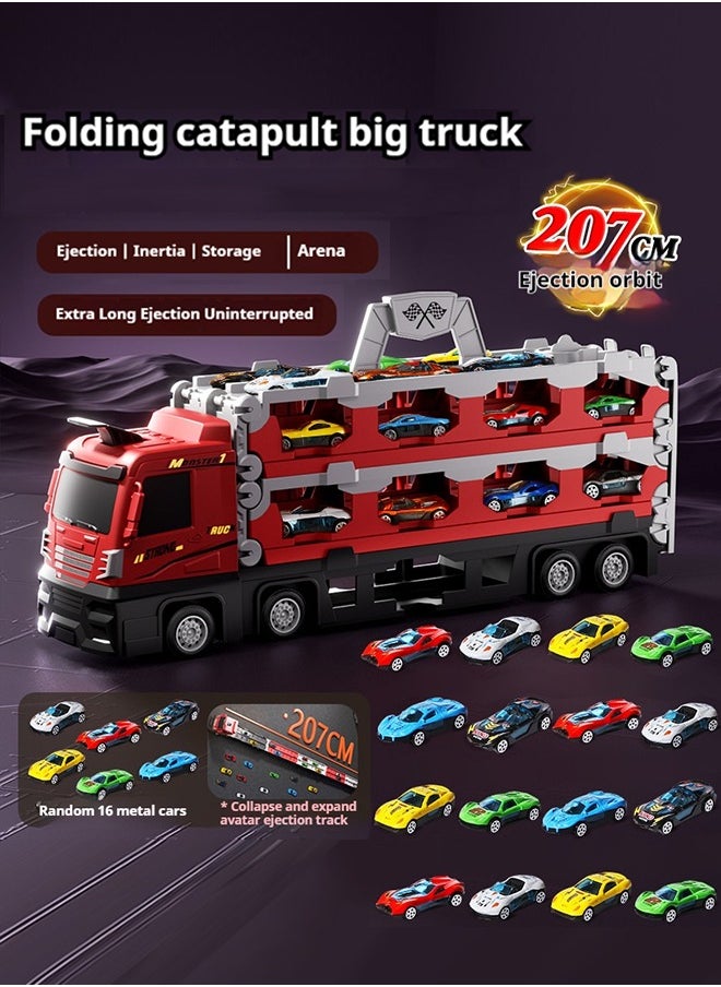 Folding Ejection Race Truck with16PCS Alloy Cars,Kids Car Transport Container Trucks,207 CM,Gifts For Boys 3+ Years