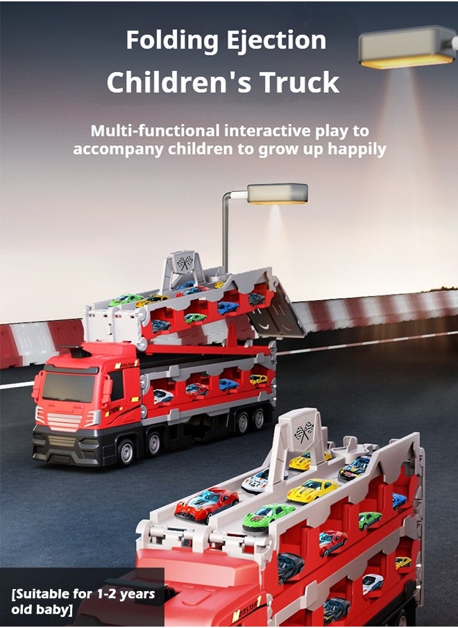 Folding Ejection Race Truck with16PCS Alloy Cars,Kids Car Transport Container Trucks,207 CM,Gifts For Boys 3+ Years