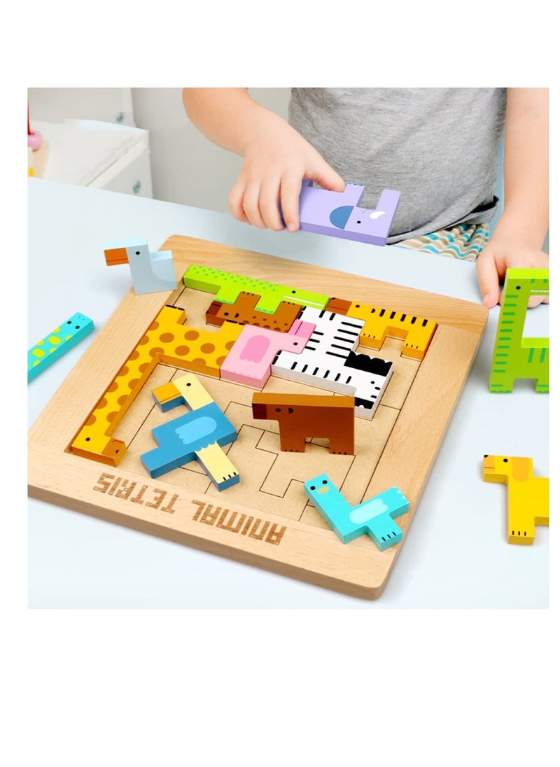 Wooden Toddler Puzzles Toys Animal Beechwood Building Blocks Montessori Educational Toys for Toddler 3 Years Shape Matching 3D Wooden Puzzle