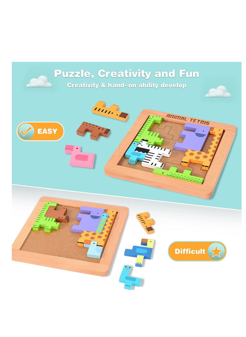 Wooden Toddler Puzzles Toys Animal Beechwood Building Blocks Montessori Educational Toys for Toddler 3 Years Shape Matching 3D Wooden Puzzle