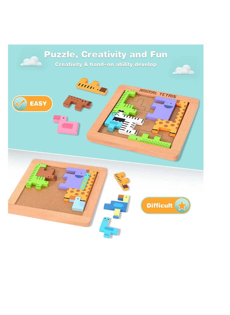 Wooden Toddler Puzzles Toys Animal Beechwood Building Blocks Montessori Educational Toys for Toddler 3 Years Shape Matching 3D Wooden Puzzle