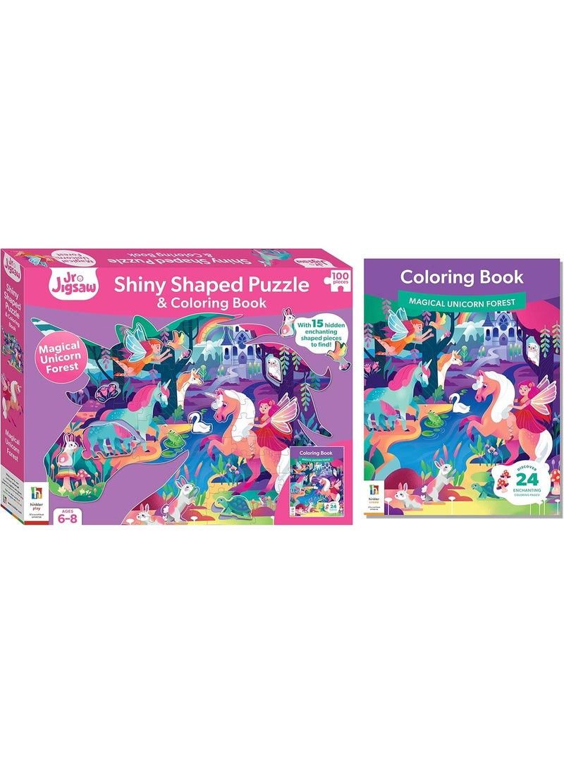 Jr Jigsaw 100-Piece Jigsaw Puzzle: Magical Unicorn Forest Shiny Shaped Puzzle & Coloring Book - 19.3inx14.2in - Jigsaws for Kids Aged 6 to 8 - Fantasy Themed Jigsaw – Unicorns and Fairies