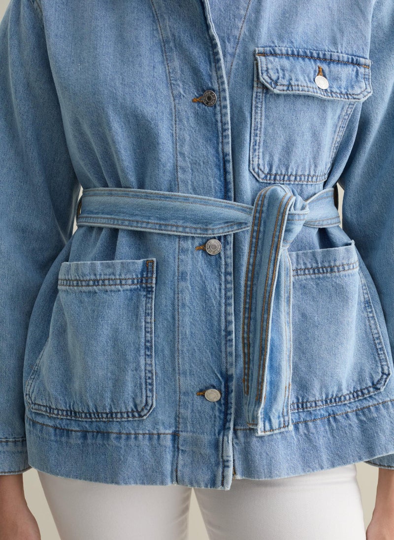 Denim Shacket With Belt