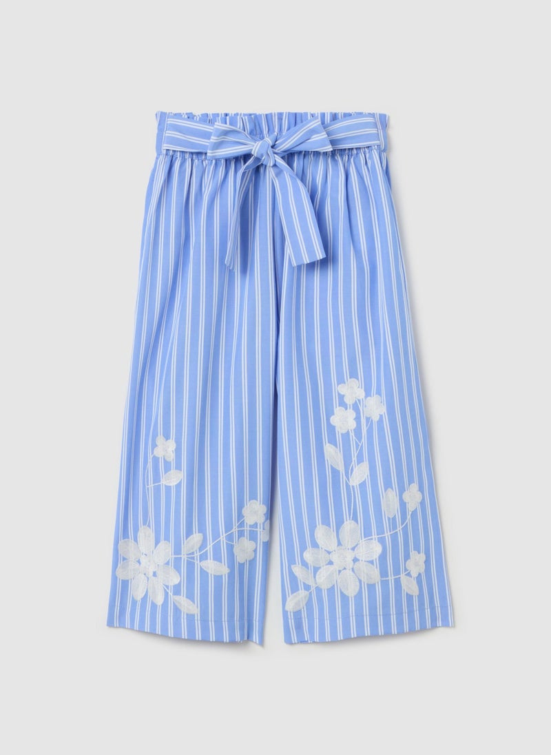 Blue Striped Culotte Trousers With Embroidered Flowers