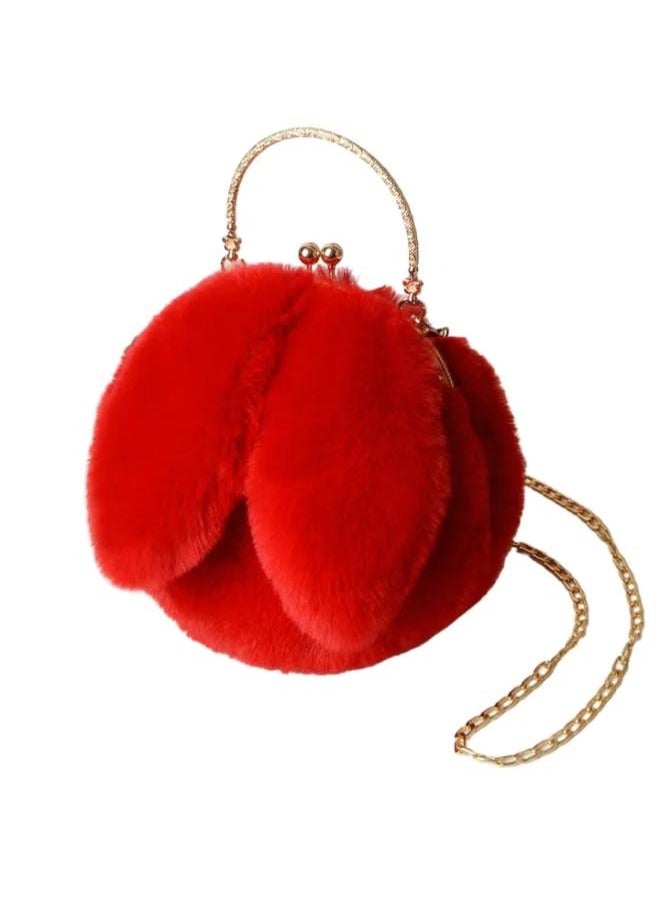 Cute Soft Rabbit Ear Sling Hand Bag With Smooth Zipper,Cross Body Bag For Girls,Clutch Purse with Gold Metal Chain Strap, Plush Side Bag, Shoulder hand Purse(Red)