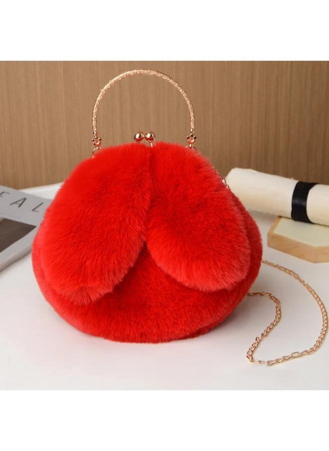 Cute Soft Rabbit Ear Sling Hand Bag With Smooth Zipper,Cross Body Bag For Girls,Clutch Purse with Gold Metal Chain Strap, Plush Side Bag, Shoulder hand Purse(Red)