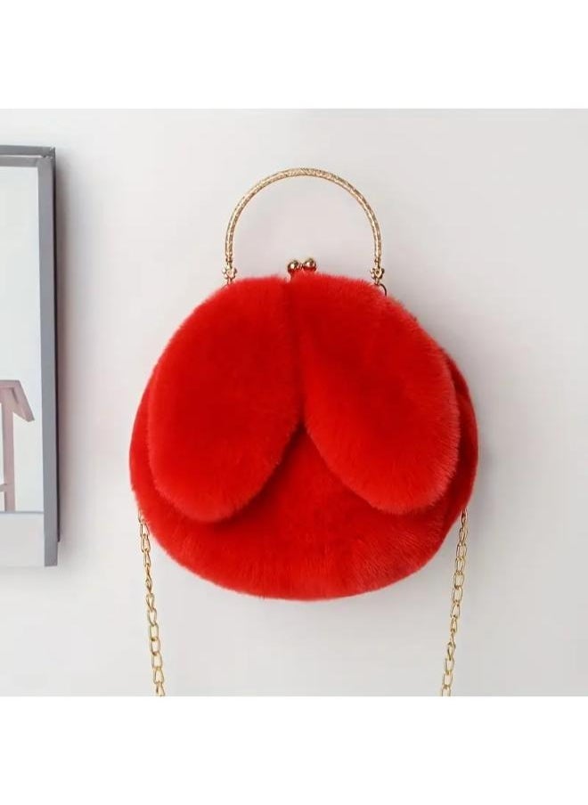 Cute Soft Rabbit Ear Sling Hand Bag With Smooth Zipper,Cross Body Bag For Girls,Clutch Purse with Gold Metal Chain Strap, Plush Side Bag, Shoulder hand Purse(Red)