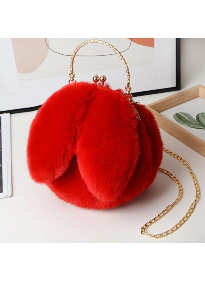 Cute Soft Rabbit Ear Sling Hand Bag With Smooth Zipper,Cross Body Bag For Girls,Clutch Purse with Gold Metal Chain Strap, Plush Side Bag, Shoulder hand Purse(Red)
