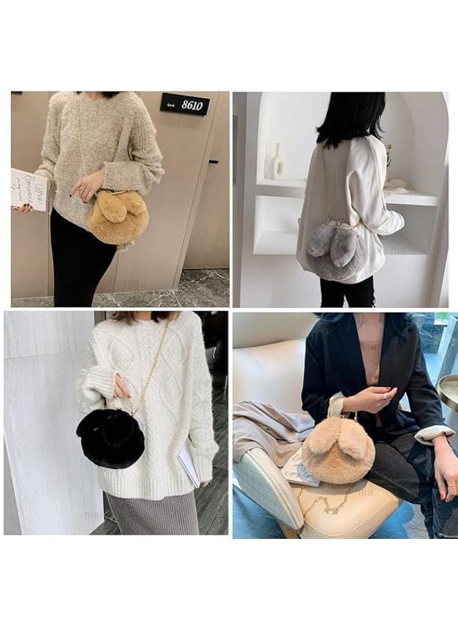Cute Soft Rabbit Ear Sling Hand Bag With Smooth Zipper,Cross Body Bag For Girls,Clutch Purse with Gold Metal Chain Strap, Plush Side Bag, Shoulder hand Purse(Peach)