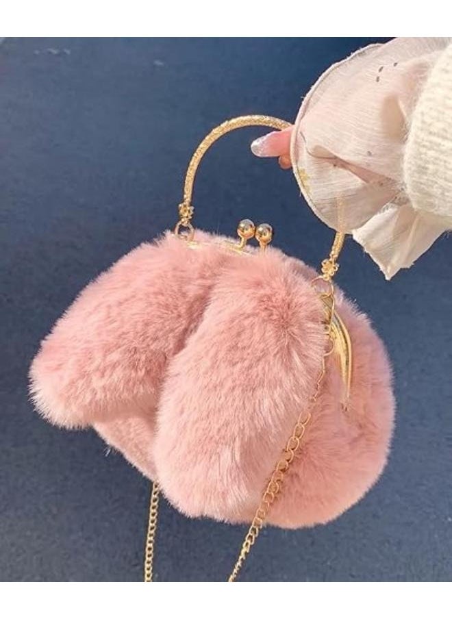 Cute Soft Rabbit Ear Sling Hand Bag With Smooth Zipper,Cross Body Bag For Girls,Clutch Purse with Gold Metal Chain Strap, Plush Side Bag, Shoulder hand Purse(Peach)