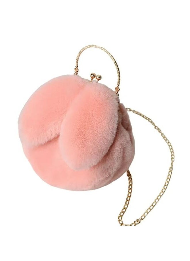 Cute Soft Rabbit Ear Sling Hand Bag With Smooth Zipper,Cross Body Bag For Girls,Clutch Purse with Gold Metal Chain Strap, Plush Side Bag, Shoulder hand Purse(Peach)