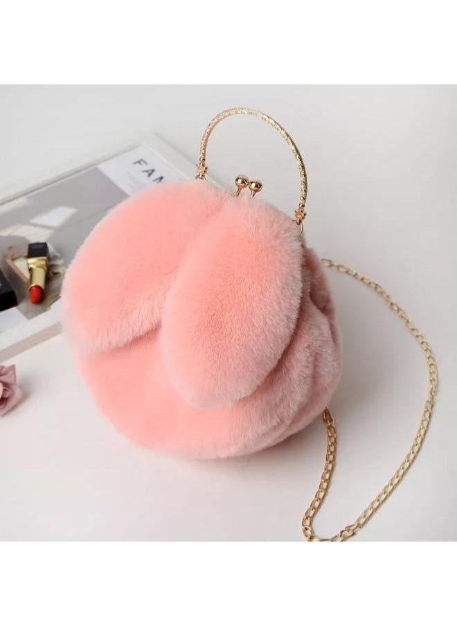 Cute Soft Rabbit Ear Sling Hand Bag With Smooth Zipper,Cross Body Bag For Girls,Clutch Purse with Gold Metal Chain Strap, Plush Side Bag, Shoulder hand Purse(Peach)