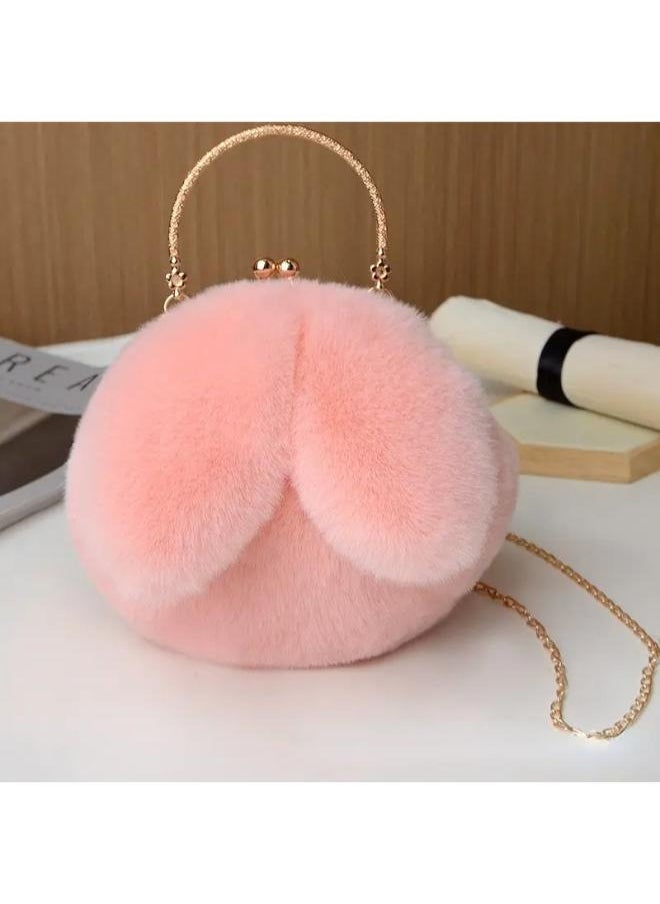 Cute Soft Rabbit Ear Sling Hand Bag With Smooth Zipper,Cross Body Bag For Girls,Clutch Purse with Gold Metal Chain Strap, Plush Side Bag, Shoulder hand Purse(Peach)
