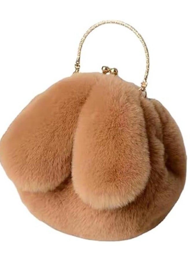 Cute Soft Rabbit Ear Sling Hand Bag With Smooth Zipper,Cross Body Bag For Girls,Clutch Purse with Gold Metal Chain Strap, Plush Side Bag, Shoulder hand Purse(Brown)