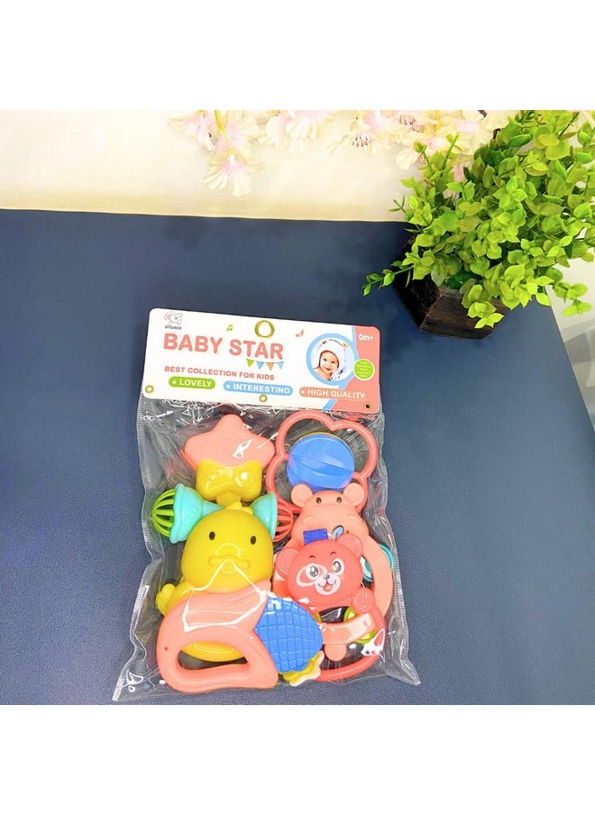 Storio Baby Toys Safari 7 Pcs Rattle Set with Teathers for New Born Baby Gifts, Toy for Babies, Non-Toxic - Safari