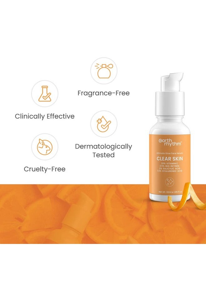 20% Vitamin C Serum For Glowing & Clear Skin With Hyaluronic & Salicylic Acid| Hydrates Moisturizes & Brightens | Suitable For Oily Sensitive & Acne Prone Skin| Men & Women - 30 Ml