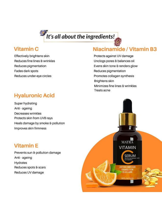 Vitamin C Face Serum With Hyaluronic Acid, Niacinamide & Vit E For Ultra Glow, Skin Brightening & Anti-Aging, 15Ml