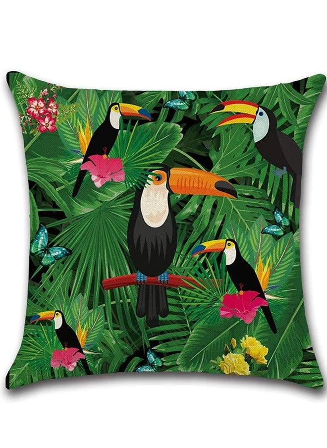 Throw Pillow Covers Green Cushion Covers Leaf, Tropical linen pillow covers with flamingo, Pack of 4 square jungle throw pillowcase, For sofa, couch, bedroom outdoor cushions 45 cm x 45 cm