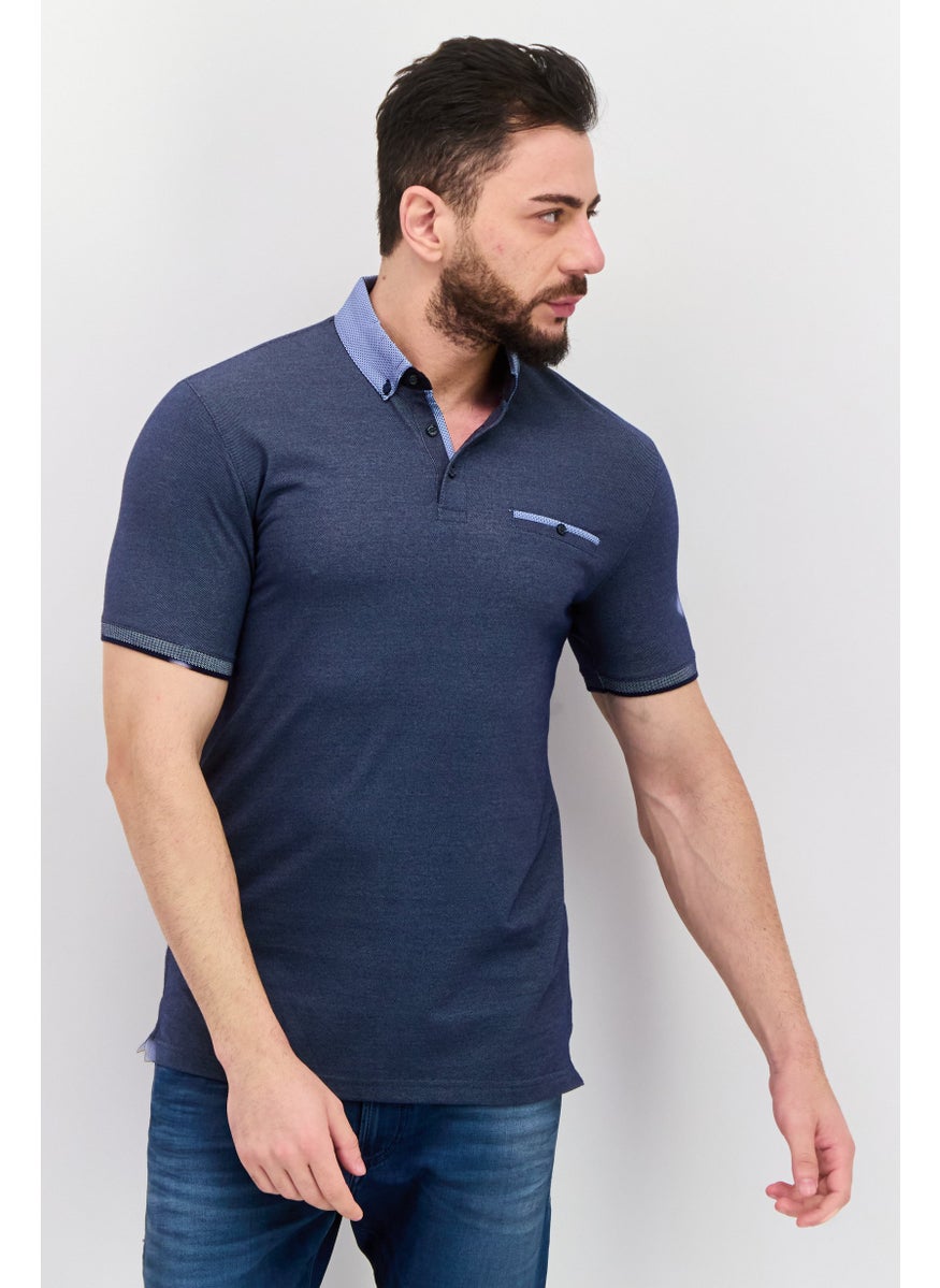 Men Regular Fit Textured Short Sleeves Polo Shirt, Navy