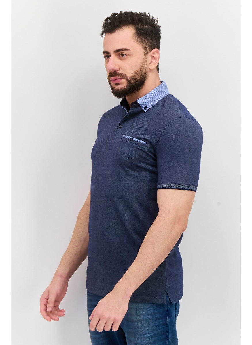 Men Regular Fit Textured Short Sleeves Polo Shirt, Navy