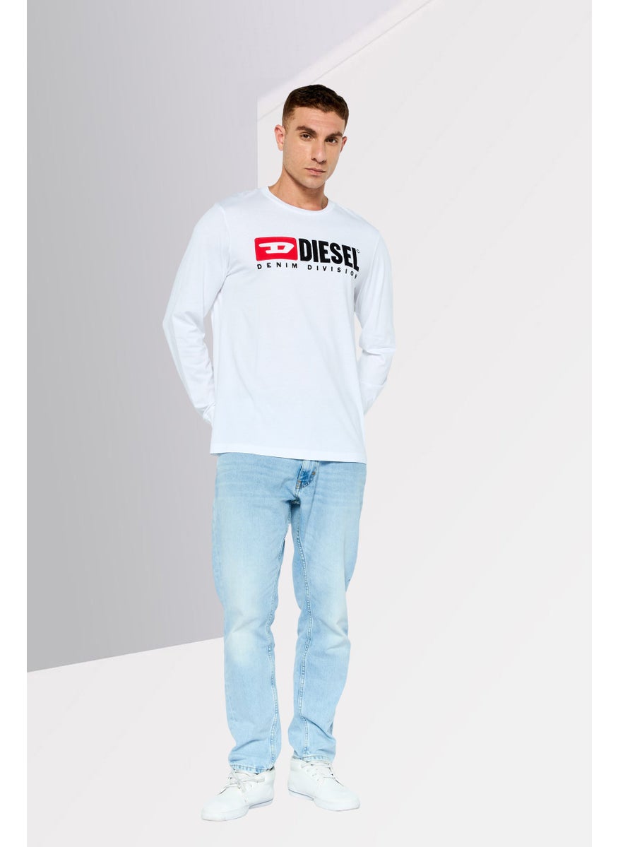 Men Round Neck Long Sleeves Brand Logo T-Shirts, White