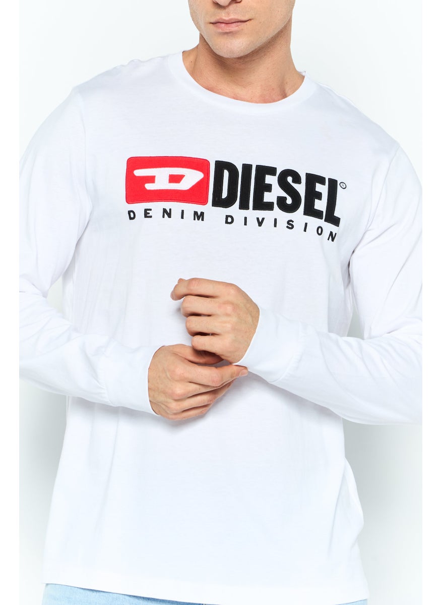 Men Round Neck Long Sleeves Brand Logo T-Shirts, White