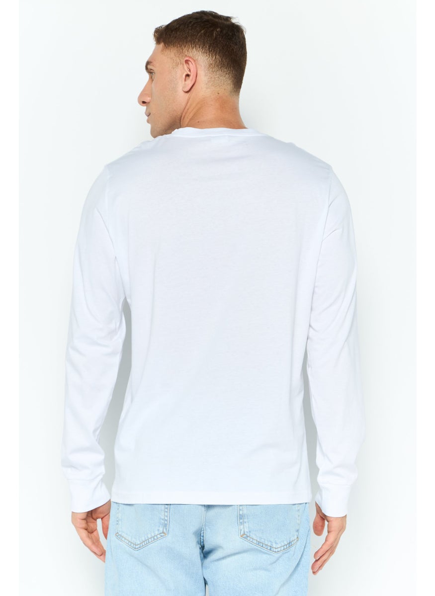 Men Round Neck Long Sleeves Brand Logo T-Shirts, White