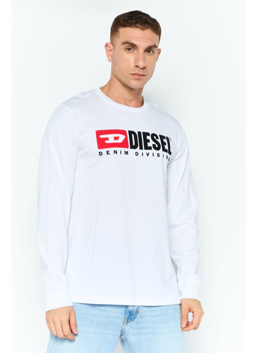 Men Round Neck Long Sleeves Brand Logo T-Shirts, White