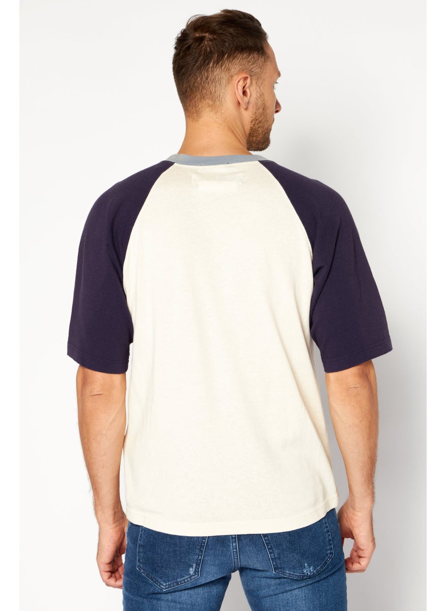 Men Crew Neck Short Sleeve Brand Logo T-Shirt, Cream/Navy Blue