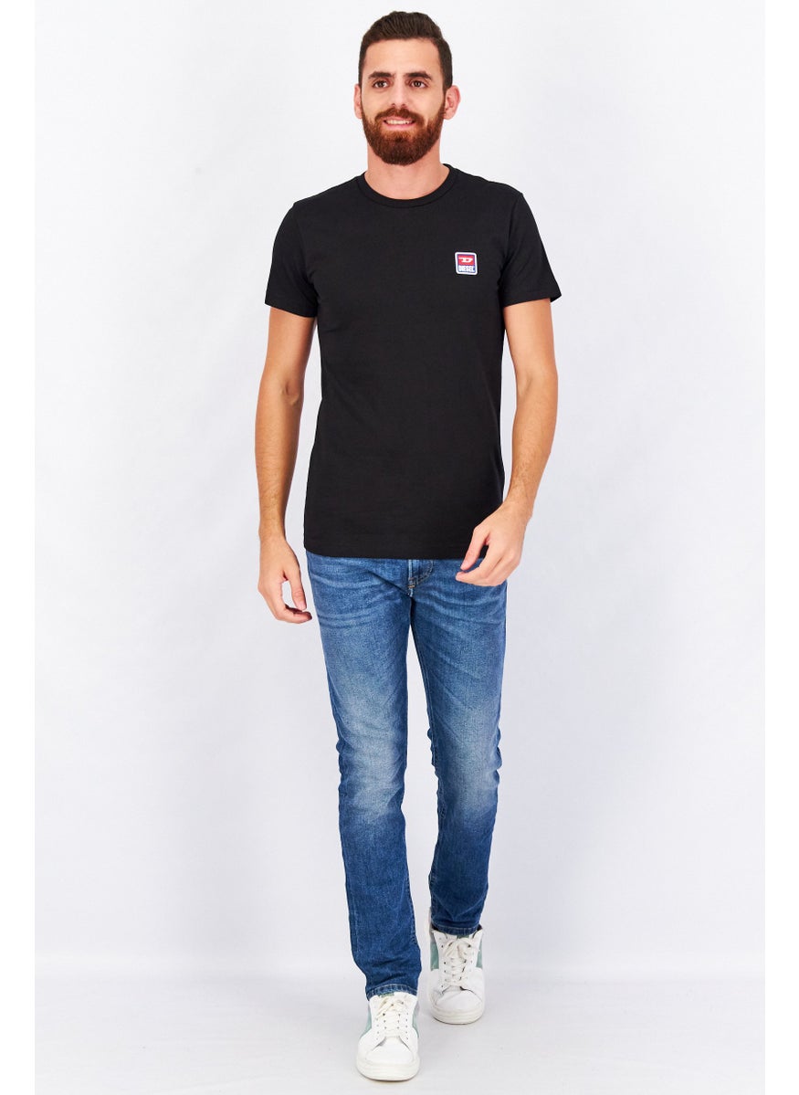 Men Crew Neck Short Sleeves Patched Logo T-Shirt, Black