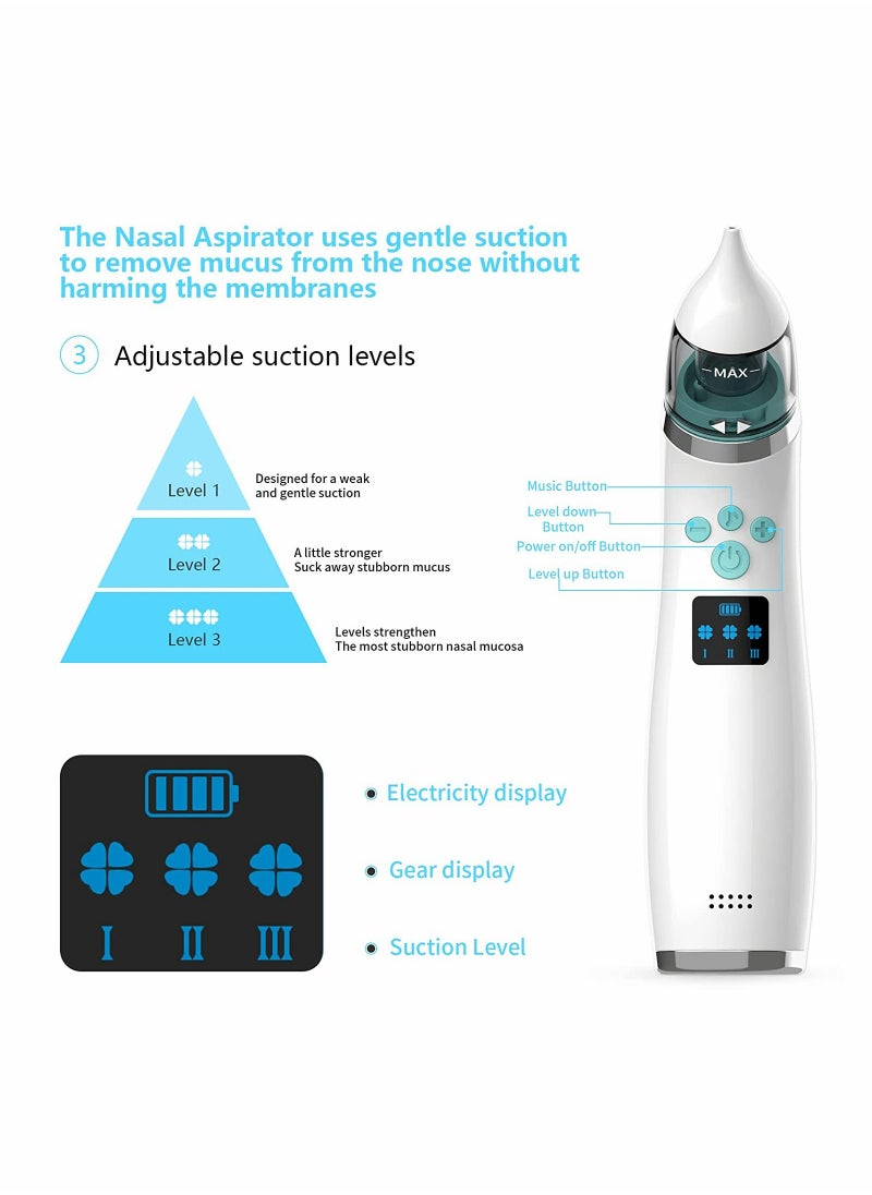 Baby Nasal Aspirator Electric Nose Suction With 4 Silicone Nose Tips For Infants 3 Levels Of Music Soothing Function Rechargeable Portable For Newborns Toddlers Clear Nasal Congestion