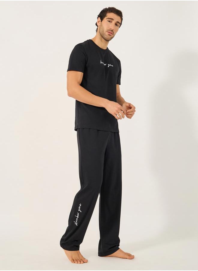 Slogan Print Crew Neck T-Shirt and Pyjama Set