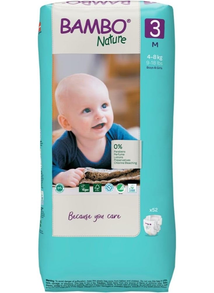 Bambo Nature Eco-Friendly Diapers, Size 3, 4-8Kg, Tall Pack Of 52 Nappies