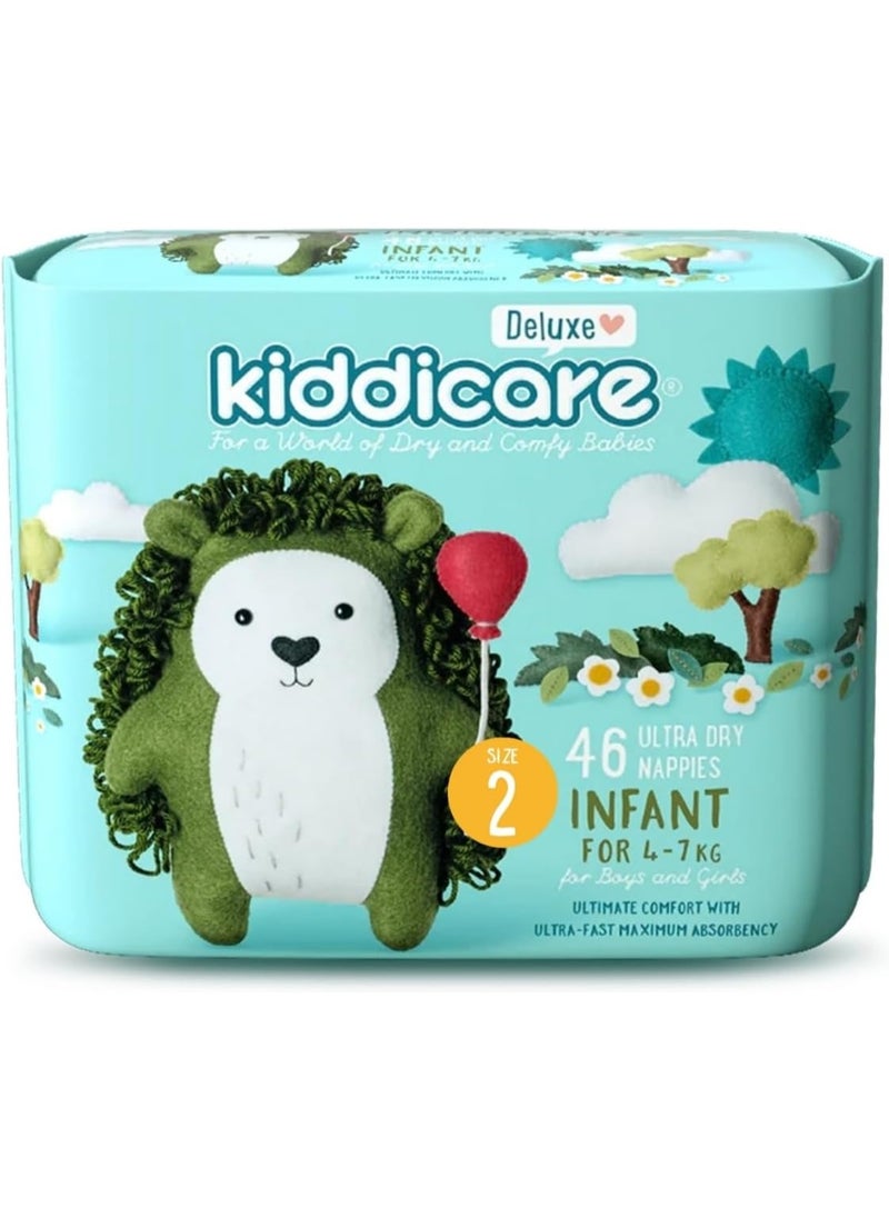 Kiddicare Baby Deluxe Infant Diaper Nappy, Size 2, 46 Count, Leakage Protection, 4-7 kg, Anti Rash, 12 Hours Absorption, Cottony Soft Ultra Fast High Absorb Technology