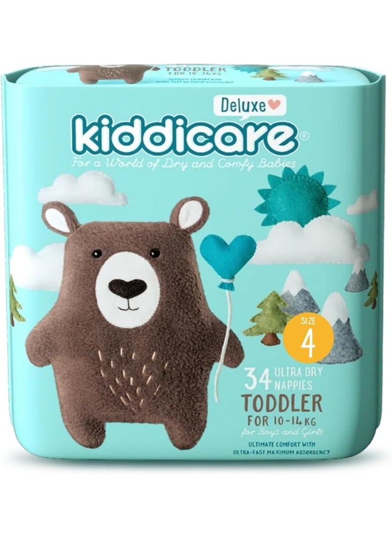 Kiddicare Baby Deluxe Toddler Diaper Nappy, Size 4, 34 Count, Leakage Protection, 10-14 kg, Anti Rash, 12 Hours Absorption, Cottony Soft Ultra Fast High Absorb Technology